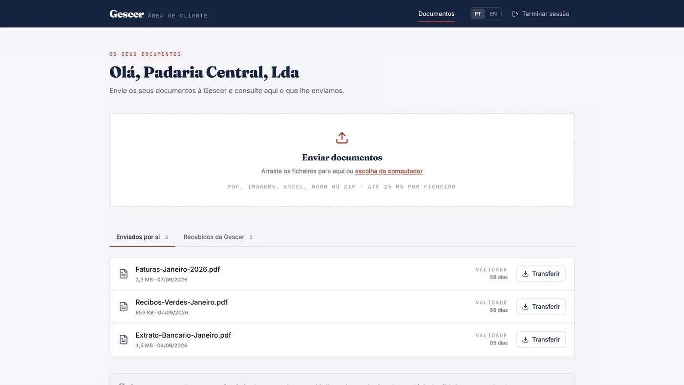 Área de Cliente da Gescer, com a lista de documentos enviados