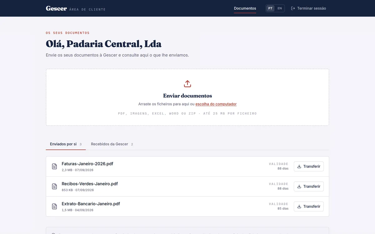 Área de Cliente da Gescer, com a lista de documentos enviados