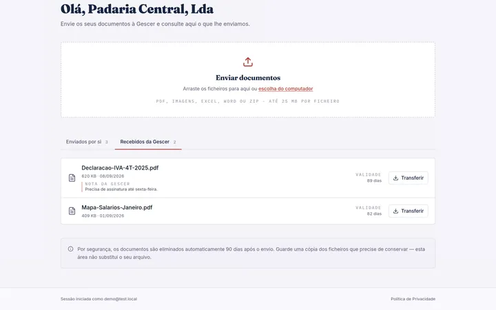 Lista de documentos na Área de Cliente