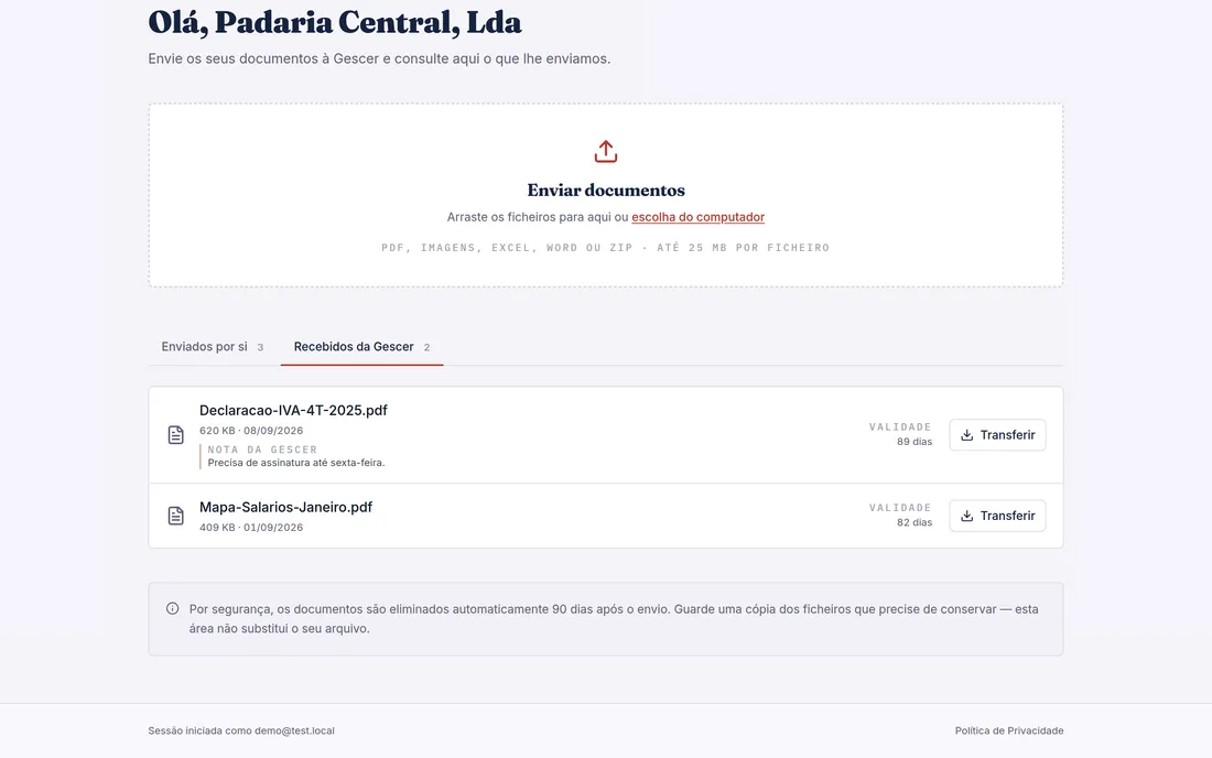 Lista de documentos na Área de Cliente