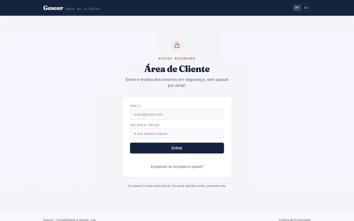 Ecrã de entrada na Área de Cliente