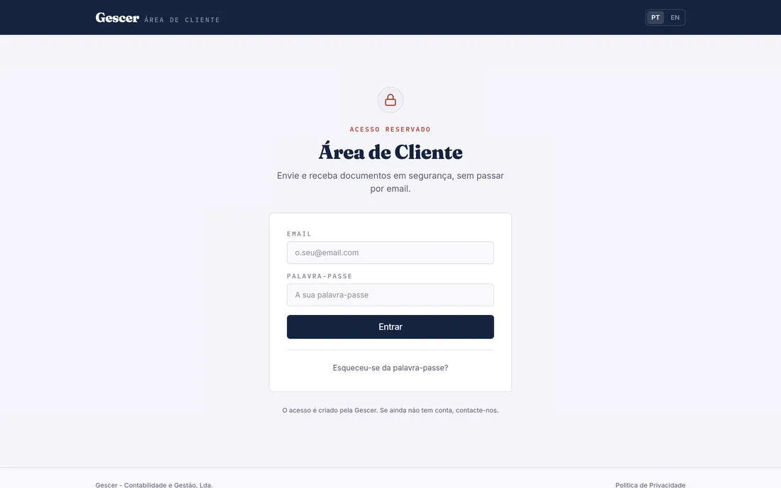 Ecrã de entrada na Área de Cliente