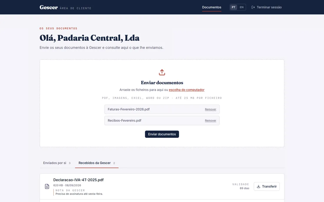 Ficheiros escolhidos, prontos a enviar